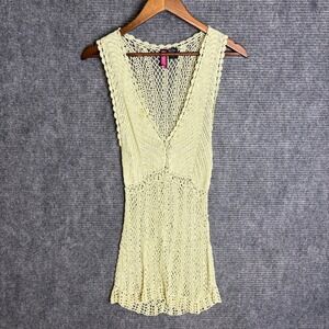 Say What? Womens Crochet Knit V-Neck Sleeveless Lime Green Top Boho Medium